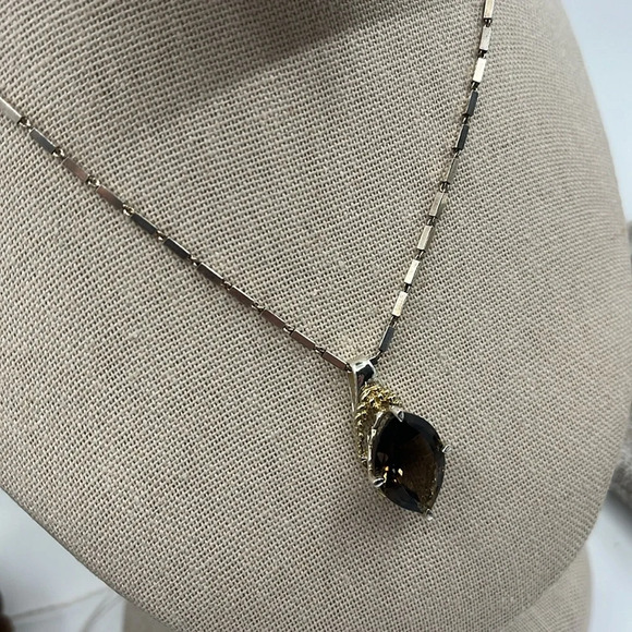 🖤 Silver and Gold Vintage Smoky Quartz Pendant Necklace 16" - Picture 6 of 15